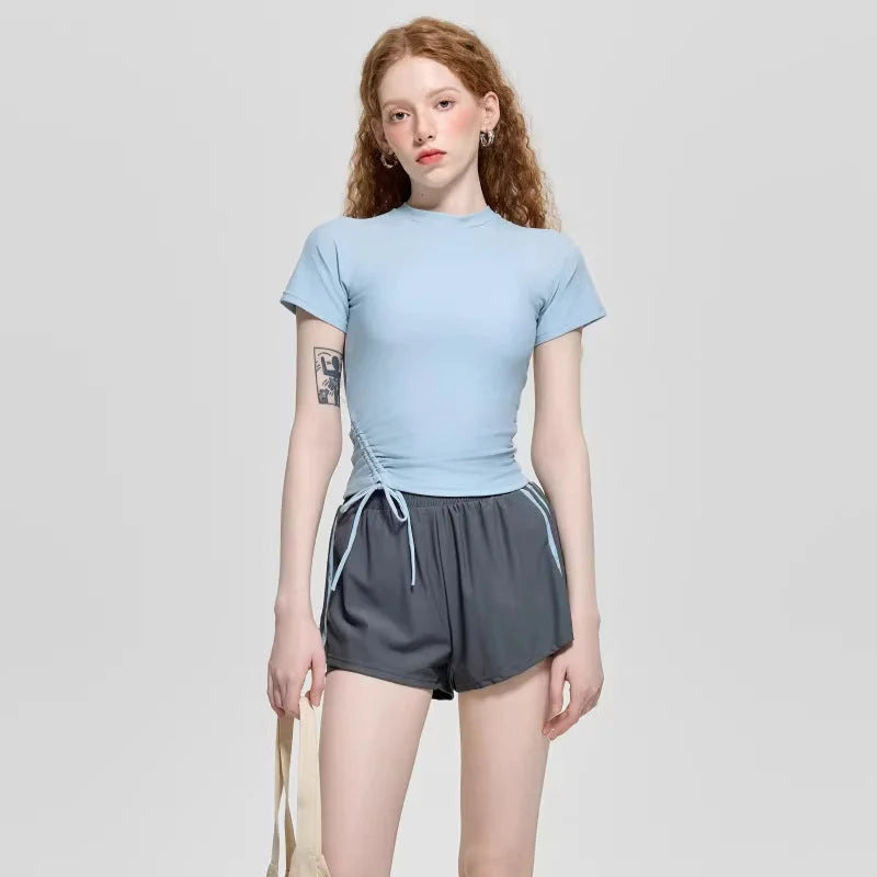 ins korean high-end polyester conservative square-neck tummy-control swimsuit light blue