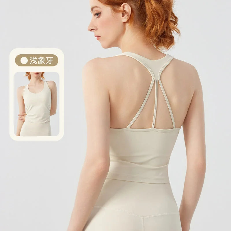 Breathable Hollow-Out Yoga Tank Top with Camisole Bra Support