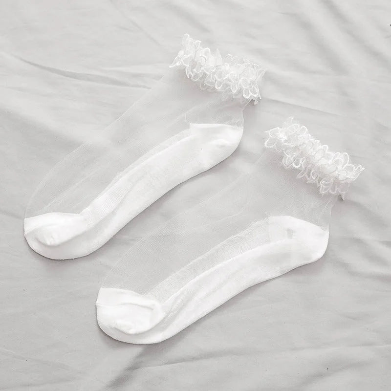 Lace Trim Sheer Ankle Socks - Cute Ruffle Cotton Socks