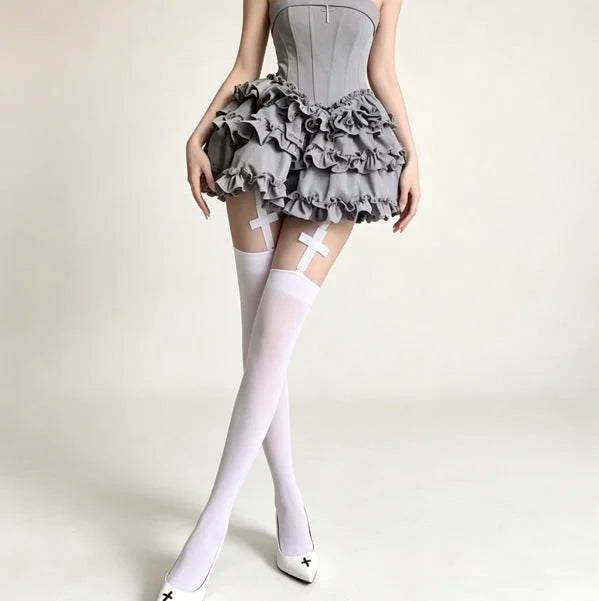 Lace Thigh High Stockings with Garter Belt - Black & White