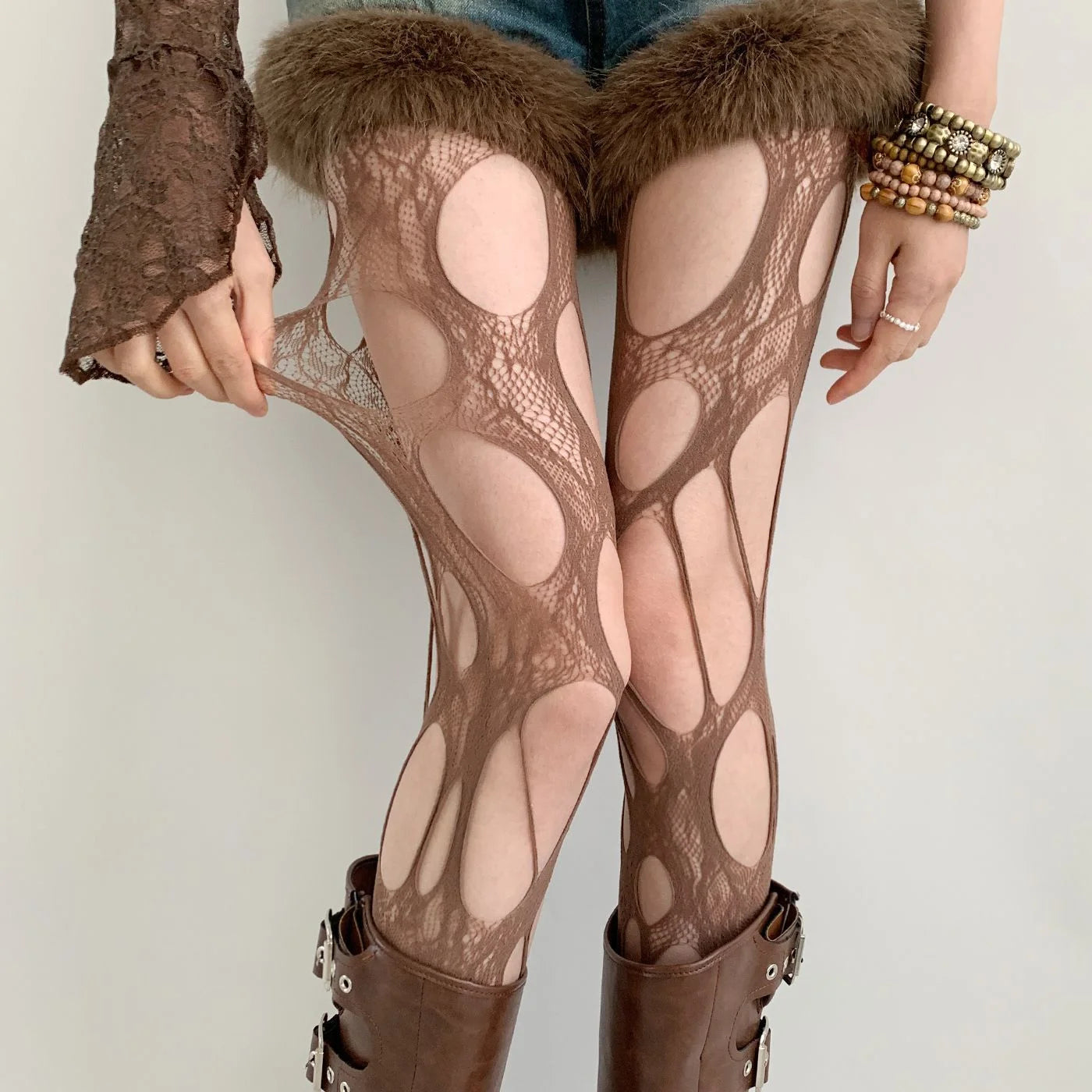 Ripped Lace Fishnet Tights Cutout Stockings Y2K Punk Style