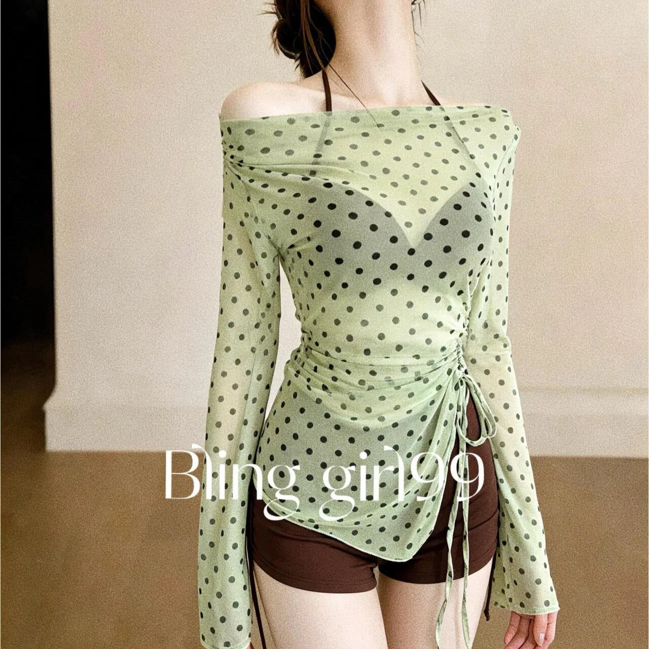 Sage Green Polka Dot Split Two-Piece Long Sleeve Swimwear