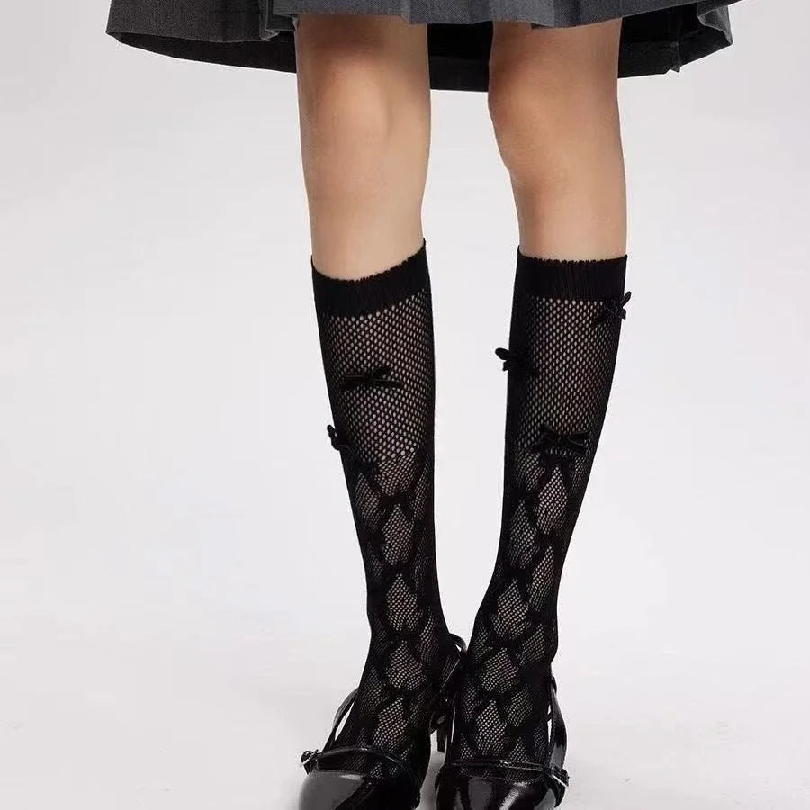 Ballet Style Mesh Mid-Calf Socks with Bow - Summer Sheer Stockings