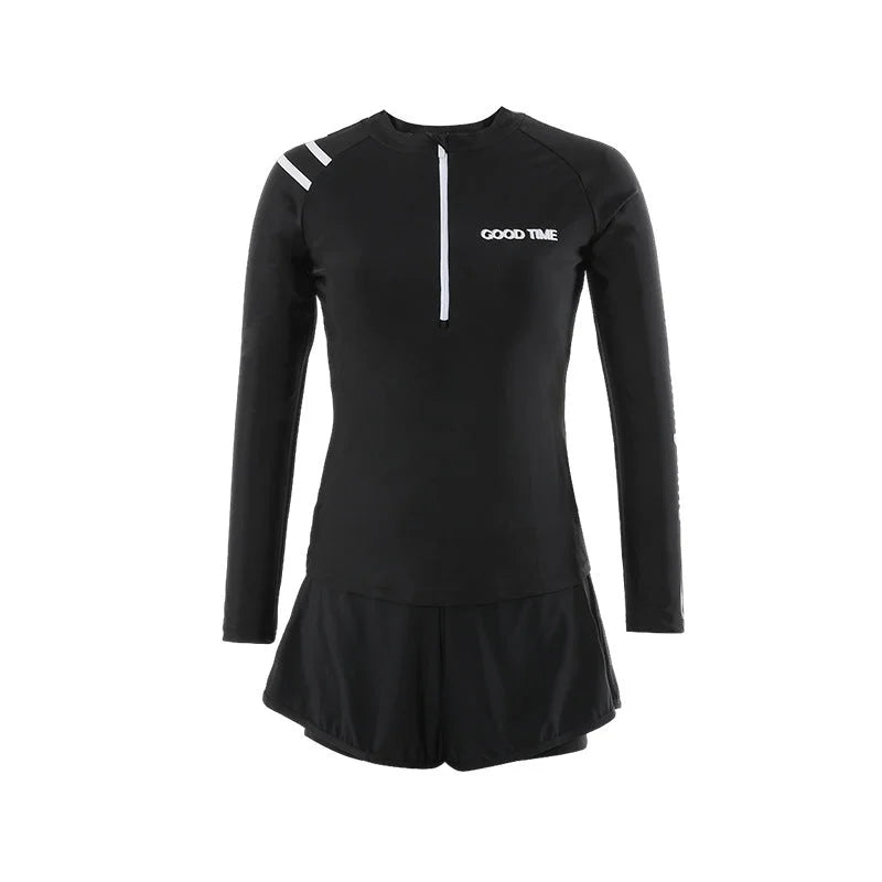 Conservative Long-Sleeve Swim Dress - Zipper Top Tummy Control Swimwear