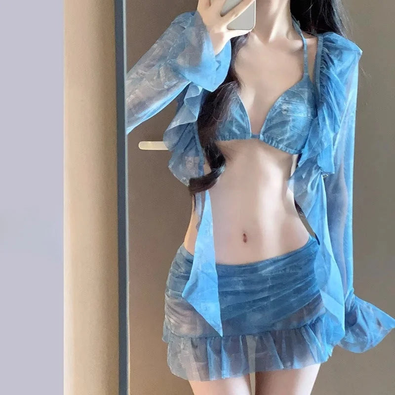 Sexy Pure Desire Sheer Long Sleeve Cover-Up 4-Piece Swim Set