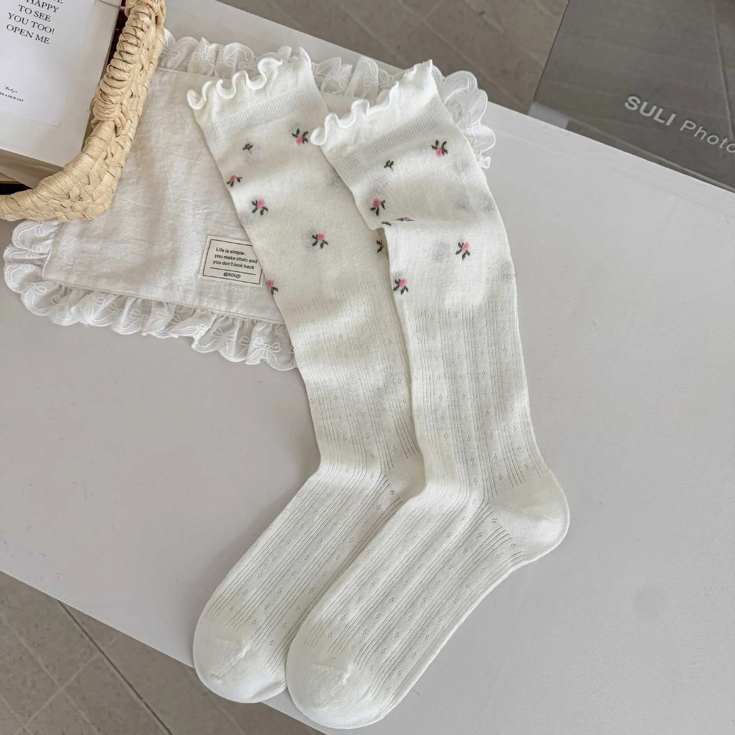 Lace Trim Floral Mesh Knee High Socks for Women