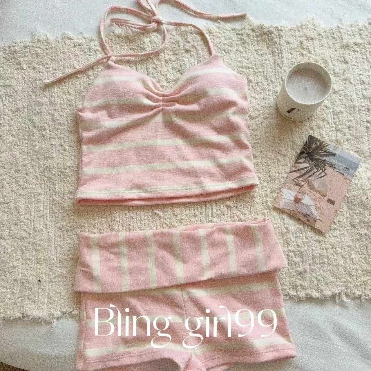 Pink Striped Halter Neck Swimwear with Cover-Up Shirt