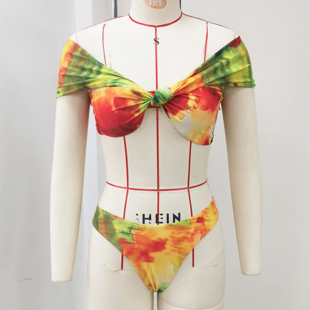 Retro Printed Off Shoulder Two Piece Swimsuit