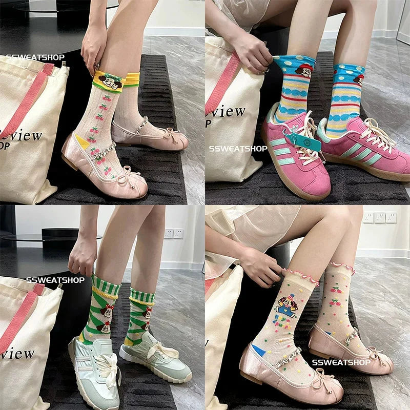 Sheer Lace Cute Dog Pattern Mid Calf Socks for Women - Breathable Thin Fashion