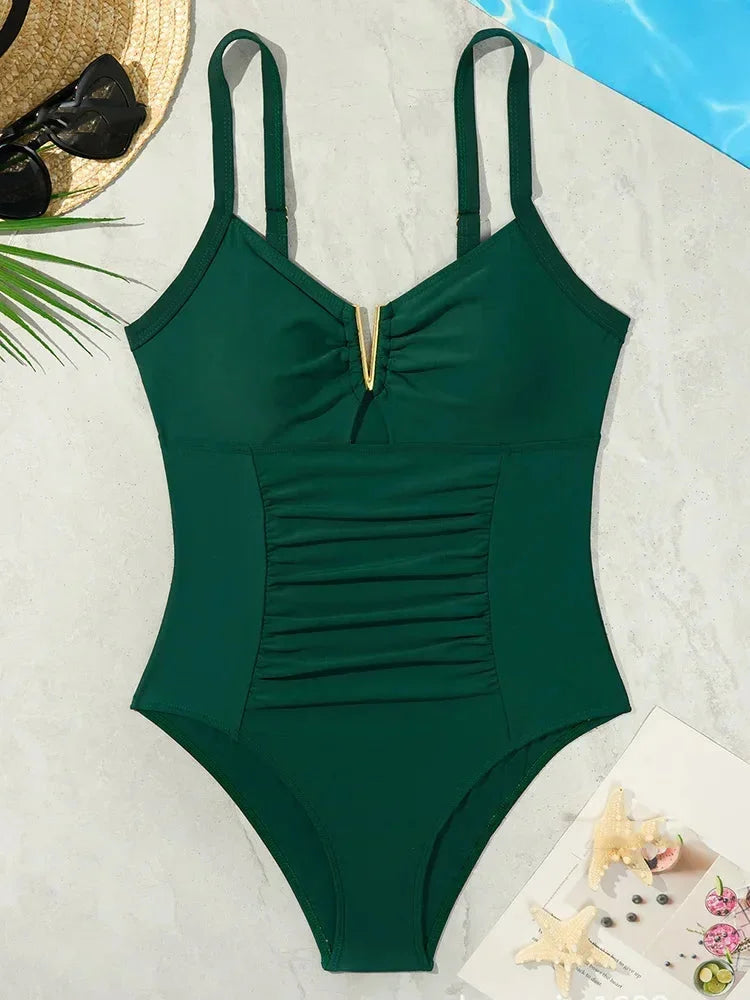 V Neck Pleated One Piece Swimsuit - High Cut Tummy Control Bathing Suit