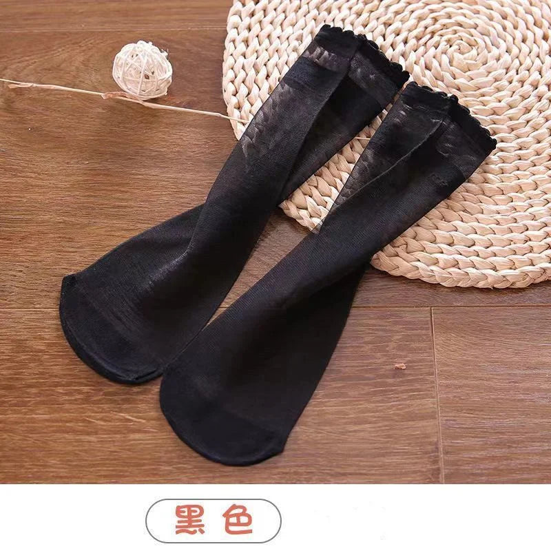 Ultra Sheer Thin Summer Stockings for Women - Ruffled Edge Ice Silk Socks