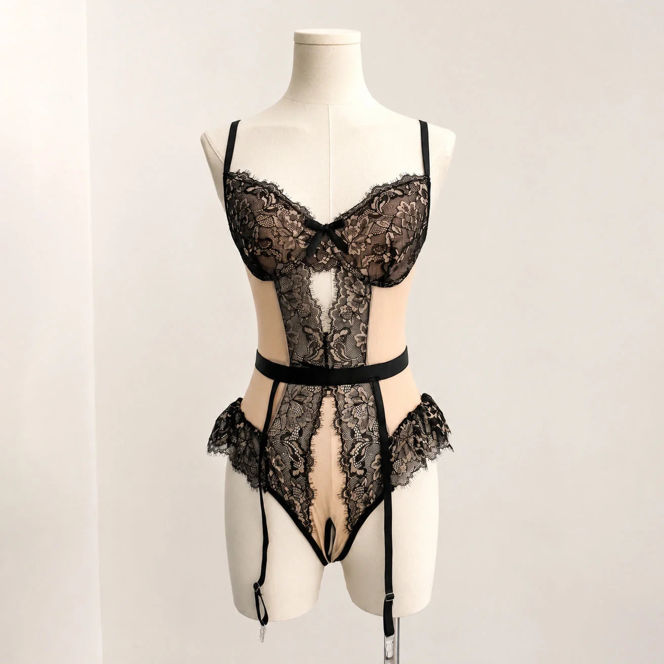 Sexy Lace Cutout Lingerie Bodysuit with Strappy Suspender