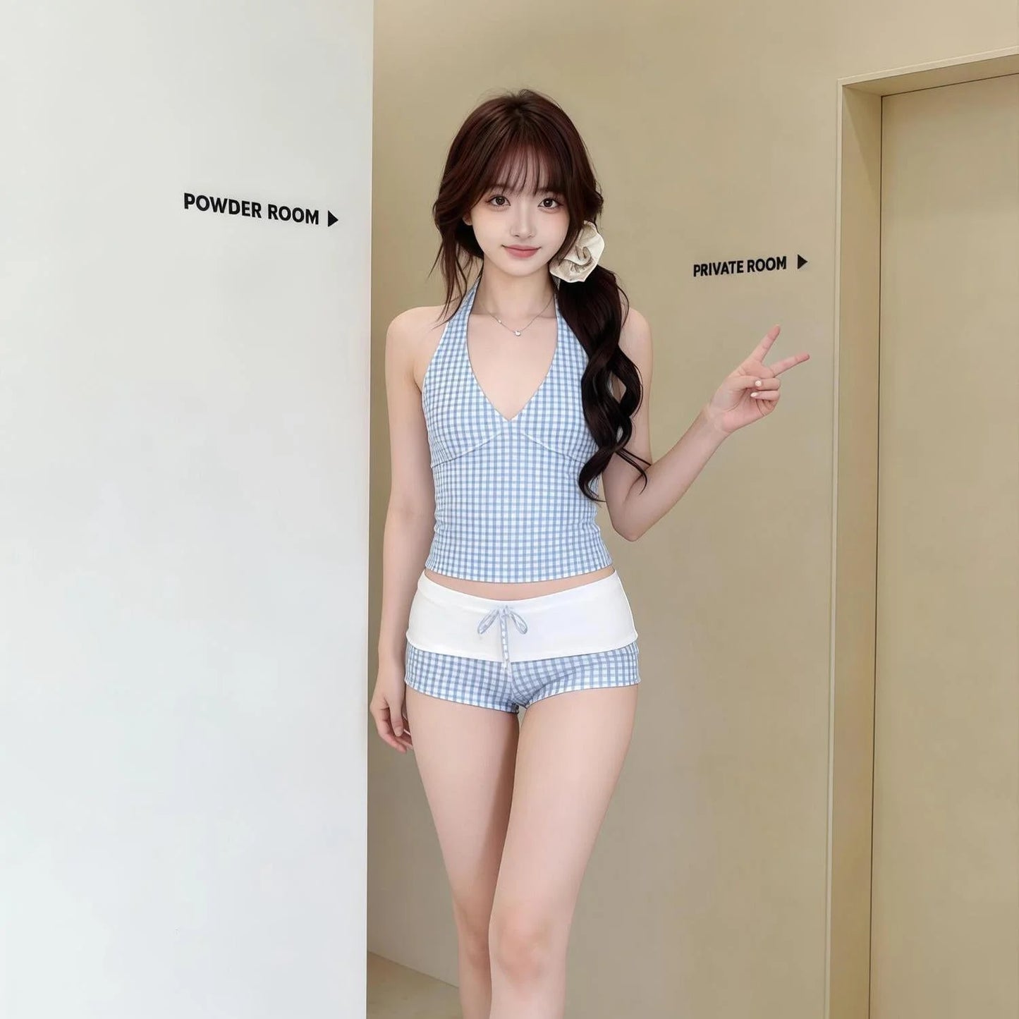 Blue Gingham Plaid High-Waisted Two-Piece Swimwear