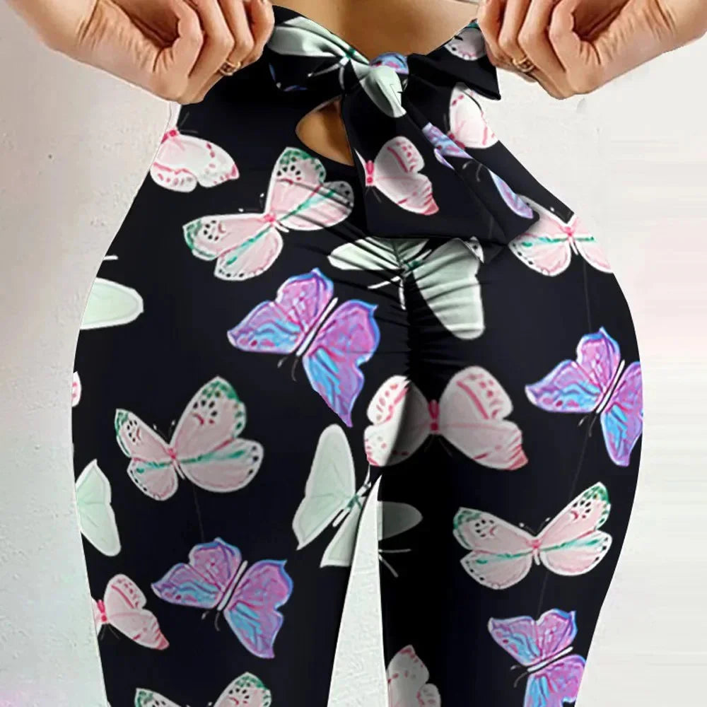High Waist Butterfly Print Yoga Leggings with Bow Detail - Butt Lift Fitness Pants