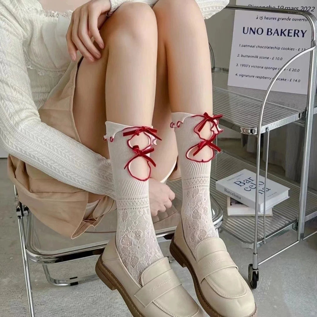 Lace Bow Mid-Calf Socks for Women - Cute Butterfly Frill Knee High Socks