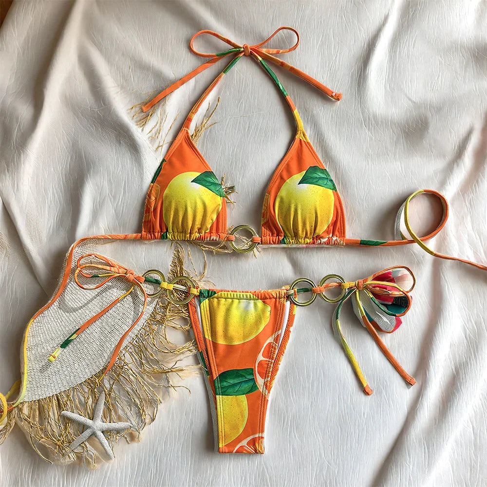 European lemon print halter bikini with metal rings