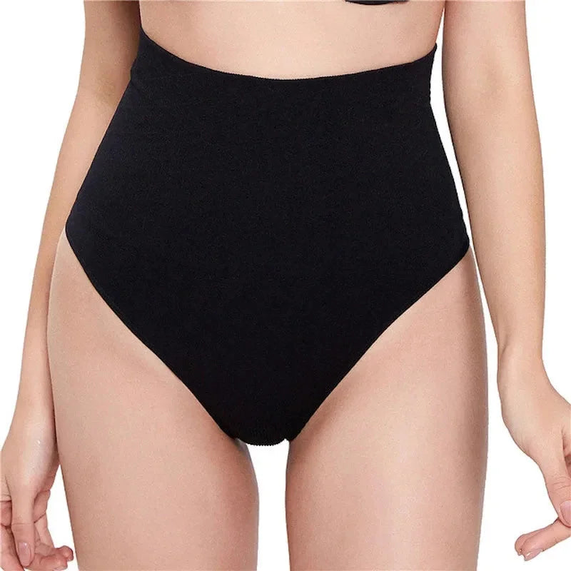 High Waist Tummy Control Thong Shaper Panties - Black & Skin