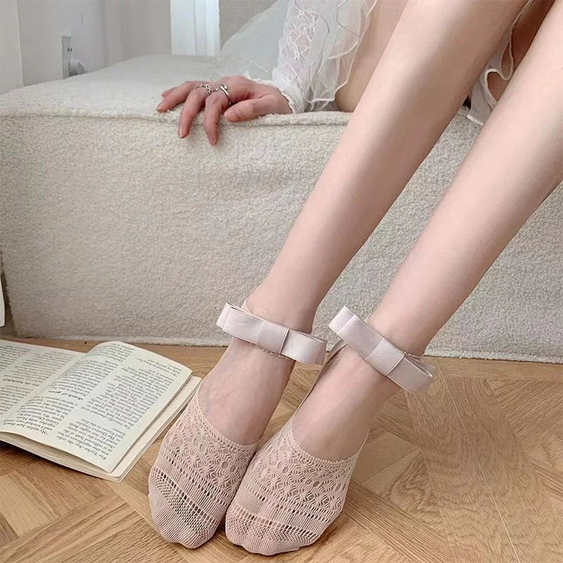 Lace No-Show Socks with Bow Detail - Anti-Slip Summer Boat Socks