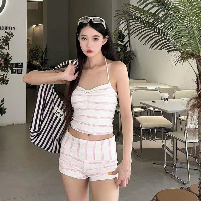 cute pure desire high-end striped halter two-piece conservative bikini