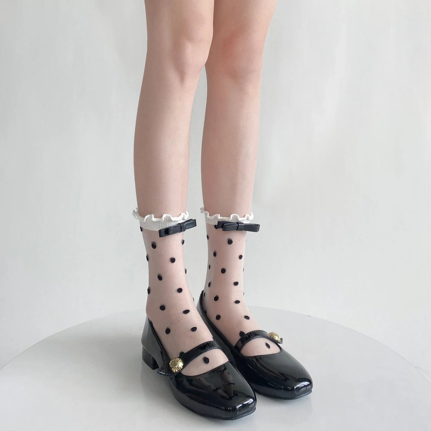 Polka Dot Sheer Socks with Bow Detail - Black & White Cute Ankle Socks
