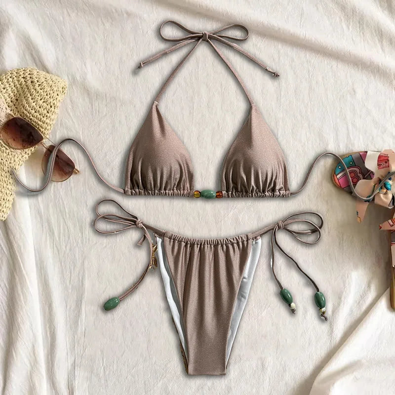 Halter Neck Maillard Brown Bikini Set with Tie Strings and Bead Detail