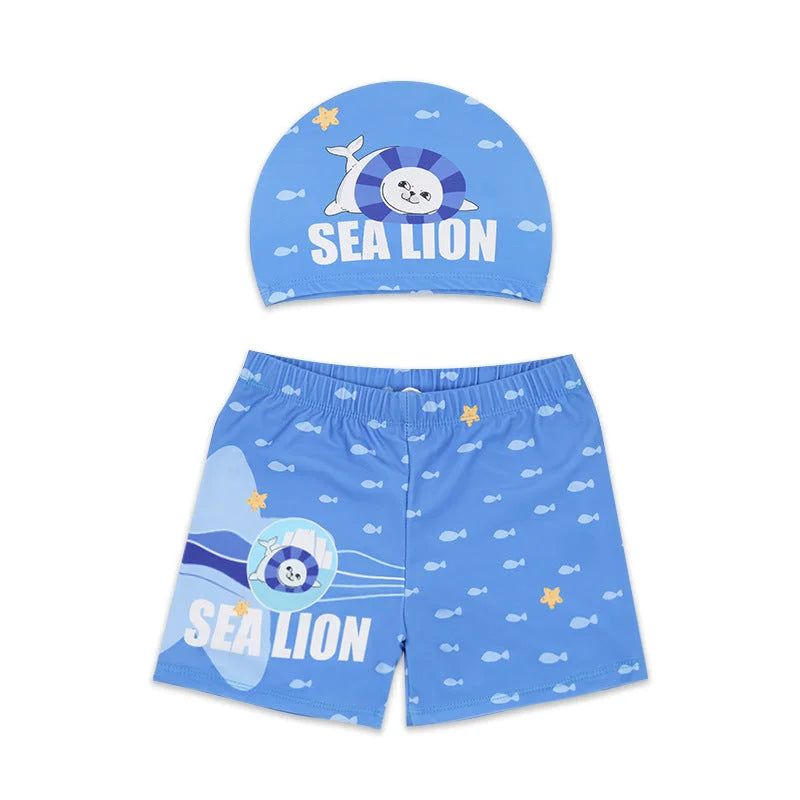 Children's Cartoon Swimwear Trunks & Caps