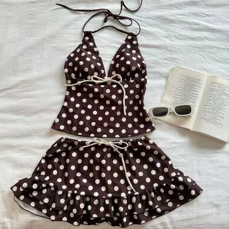 Retro Mocha Dot Neck Tie Bikini - Midriff Coverage Beach Swimsuit