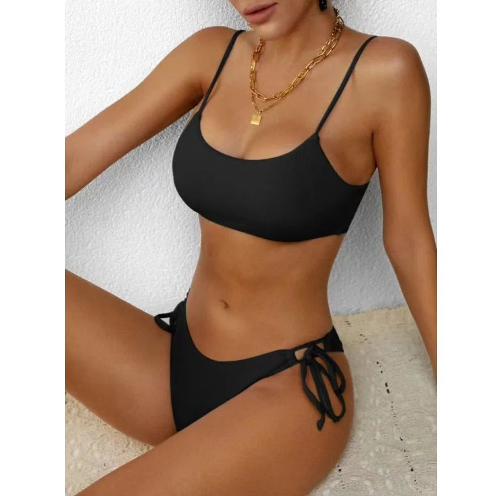Pure Colour Halter Bikini Two-Piece Swimsuit