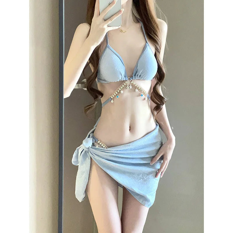 Mesh Rhinestone Chain Tie Bikini Set Sky Blue 3-Piece Swimsuit
