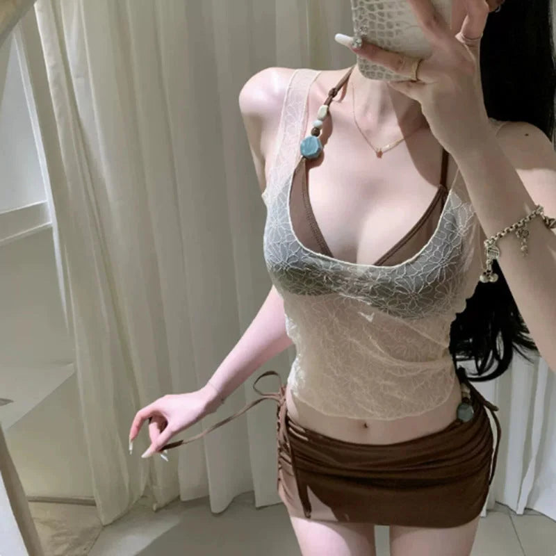 mesh bikini set with gold tie details for summer beach