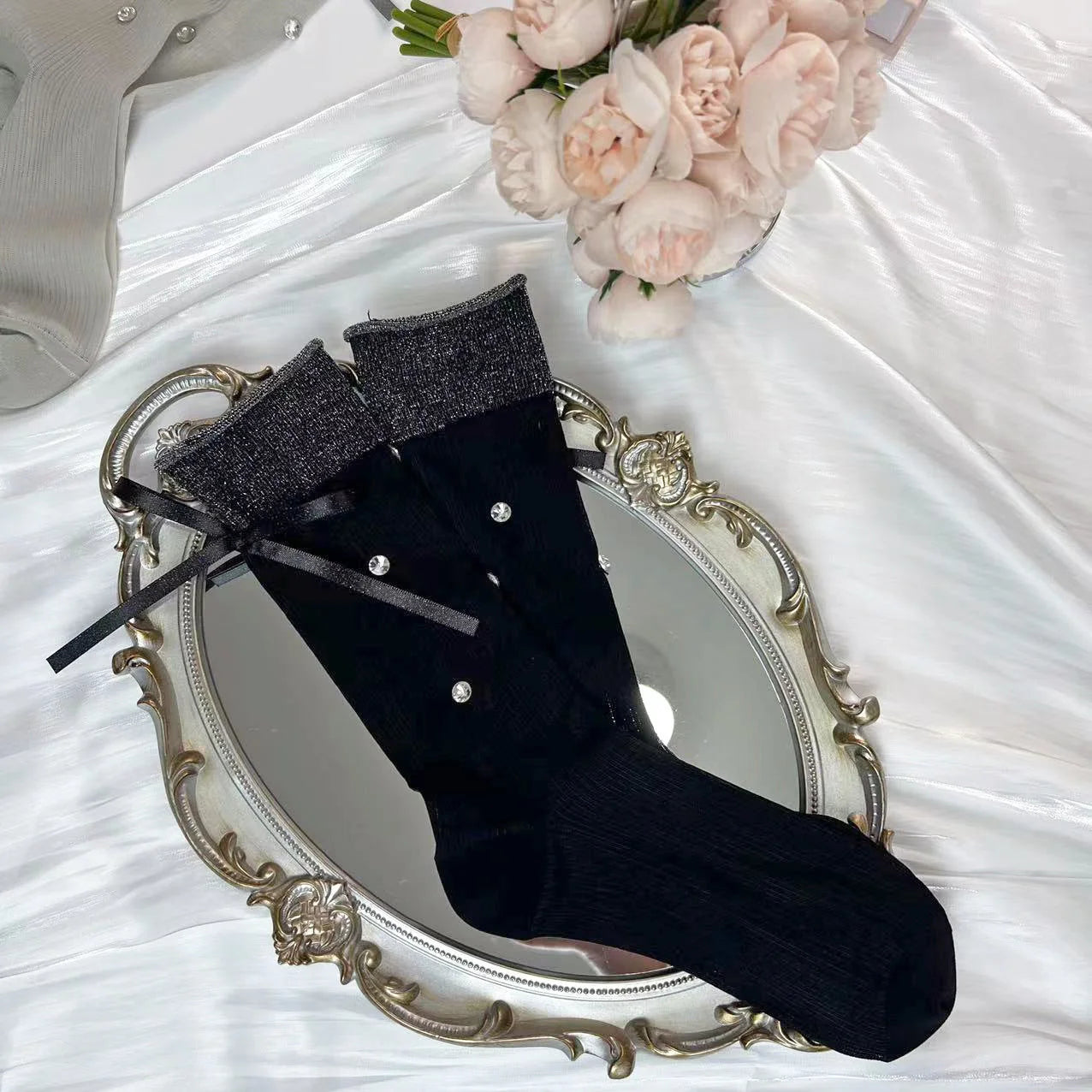 Bow Embellished Mid-Calf Socks with Rhinestones - Fairy Princess Style