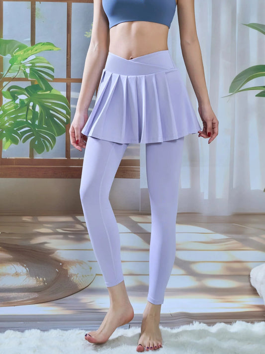 High Waisted Pleated Yoga Skirt Leggings - Anti-Chafe Quick Dry
