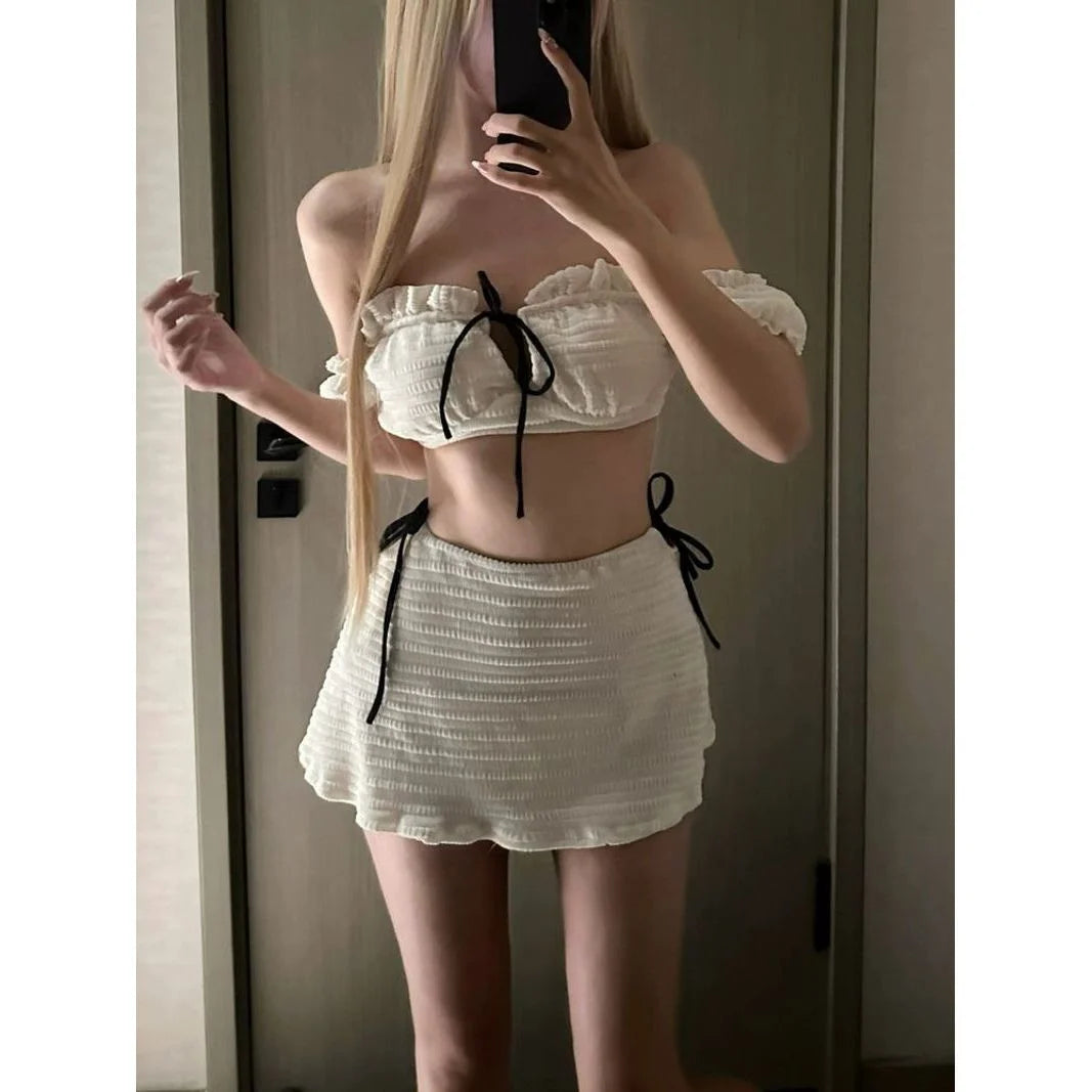 ins style bubble sleeve velvet bikini set with matching skirt