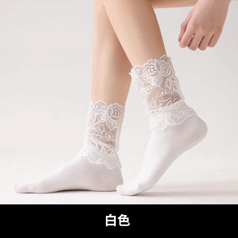 Lace Trim Mid Calf Socks Ballet Style Frill Edge Ankle Socks