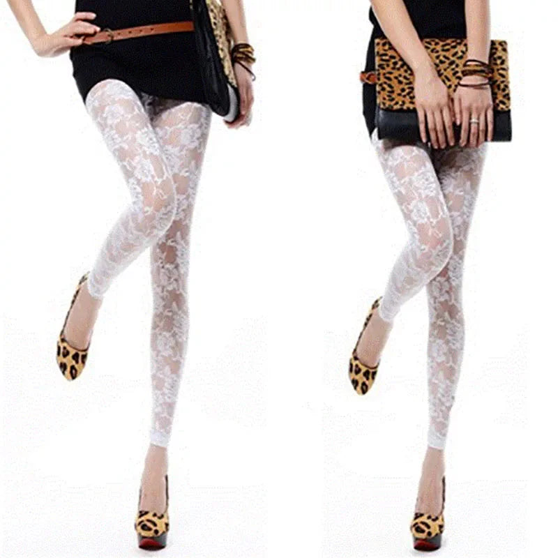 Lace Floral Cropped Leggings for Women - Sheer 9/10 Length Trousers