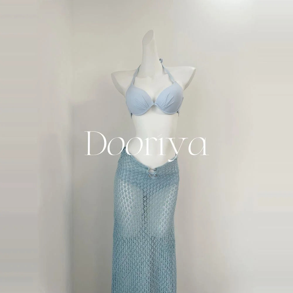 Blue Knit Sweater Bikini Set with Sheer Skirt