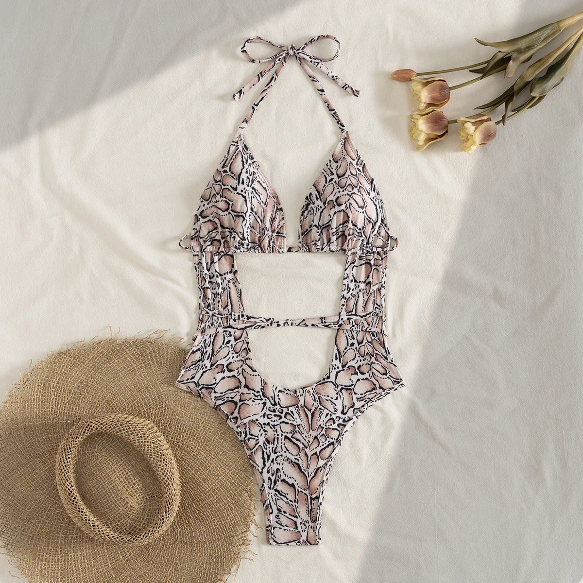 Cut-out one-piece swimsuit with snake print & tie strings
