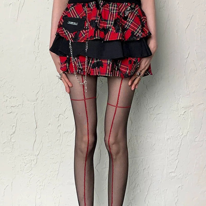 Sheer Black Cross Line Pantyhose with Floral Mesh Accents