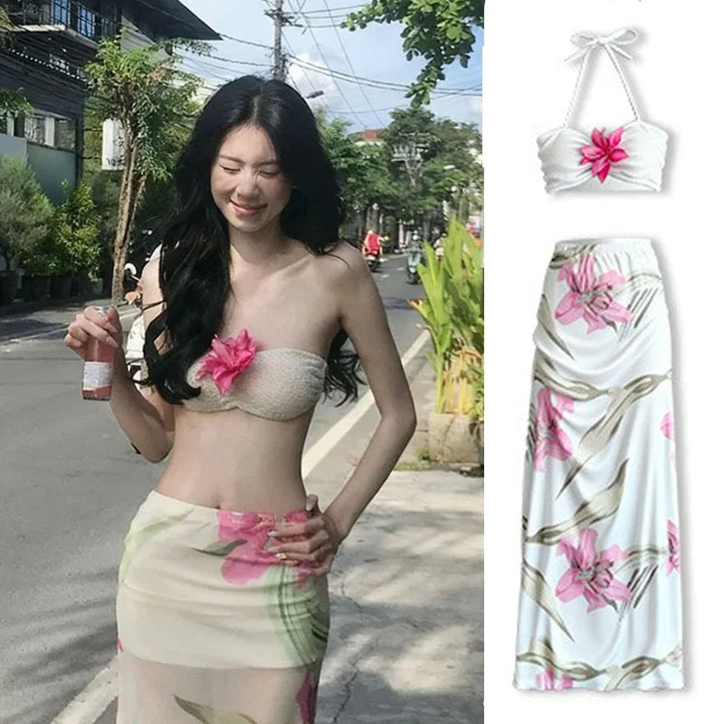 Floral flower print bikini set with long skirt