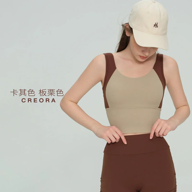 colour-block fixed-cup sports bra for running & yoga