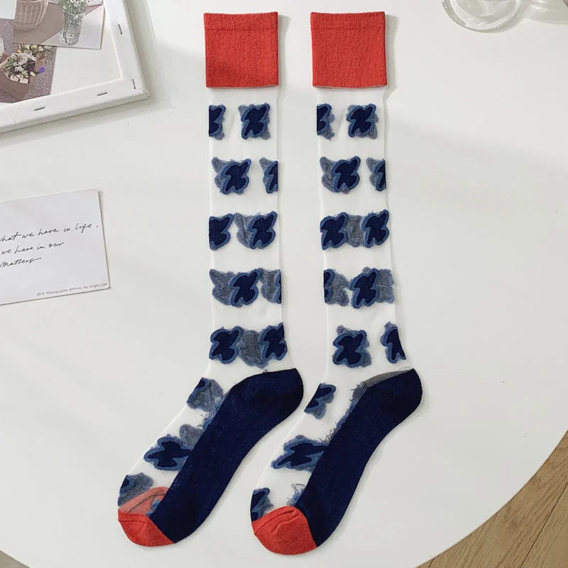 Floral Sheer Knee High Socks for Women - Navy & Pink Lace Cotton
