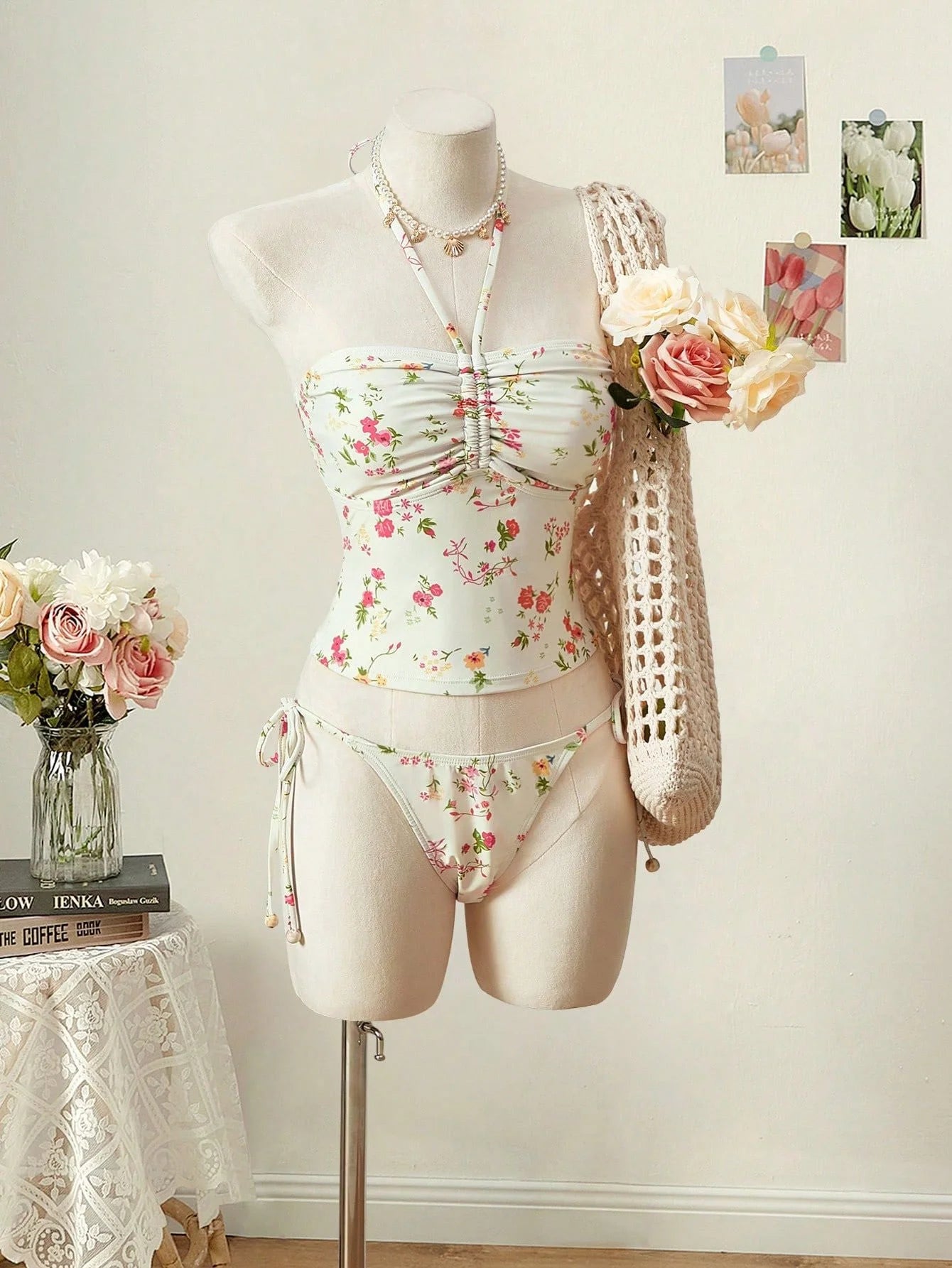 Light Floral Print Tie-Strap Tankini Set