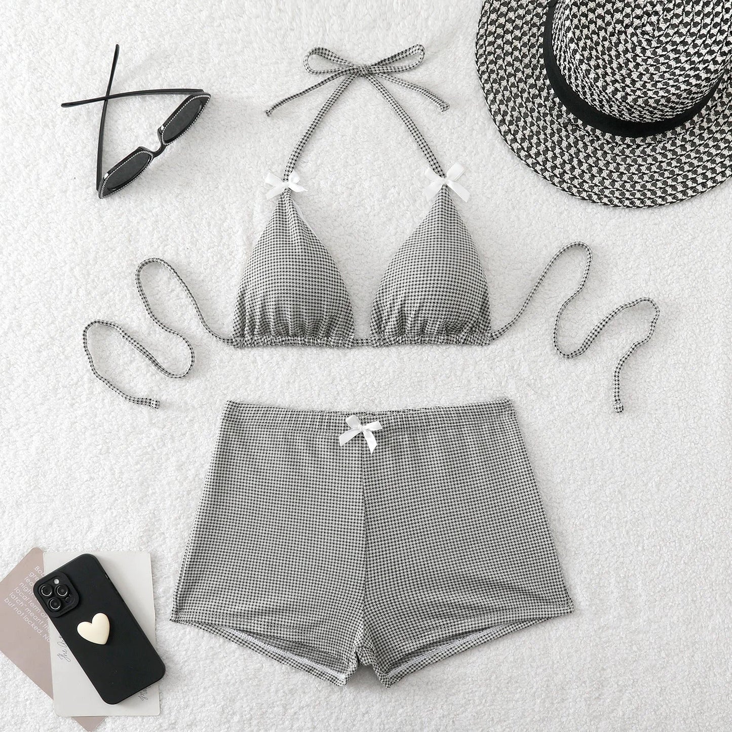 Bikini set with bow ties, striped high-waist shorts and contrast trim