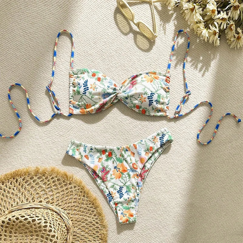 Floral Tie-Front Bikini Set - High-End Beach Swimwear