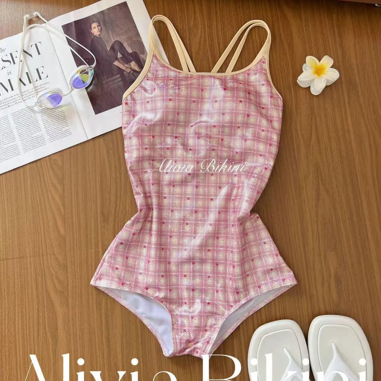 Plunge Neck One-Piece Swimsuit - Pink Gingham Miniature Armhole Design