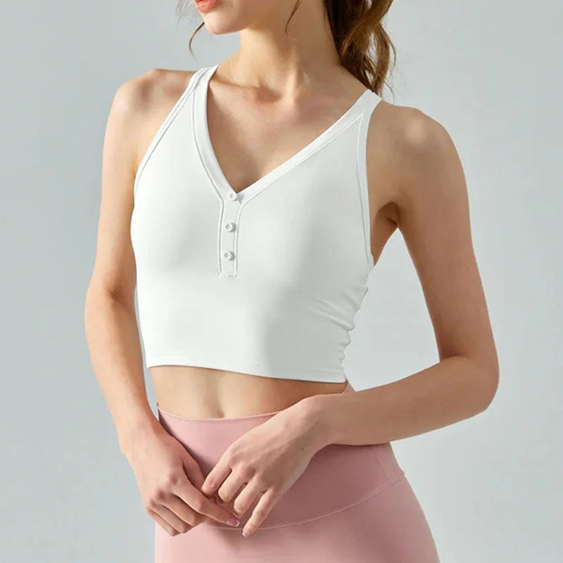 Nude V-Neck Cross Back Crop Sports Bra Women - Fitness Activewear