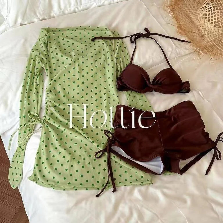 Conservative Polka Dot Long Sleeve Rash Guard Bikini Set