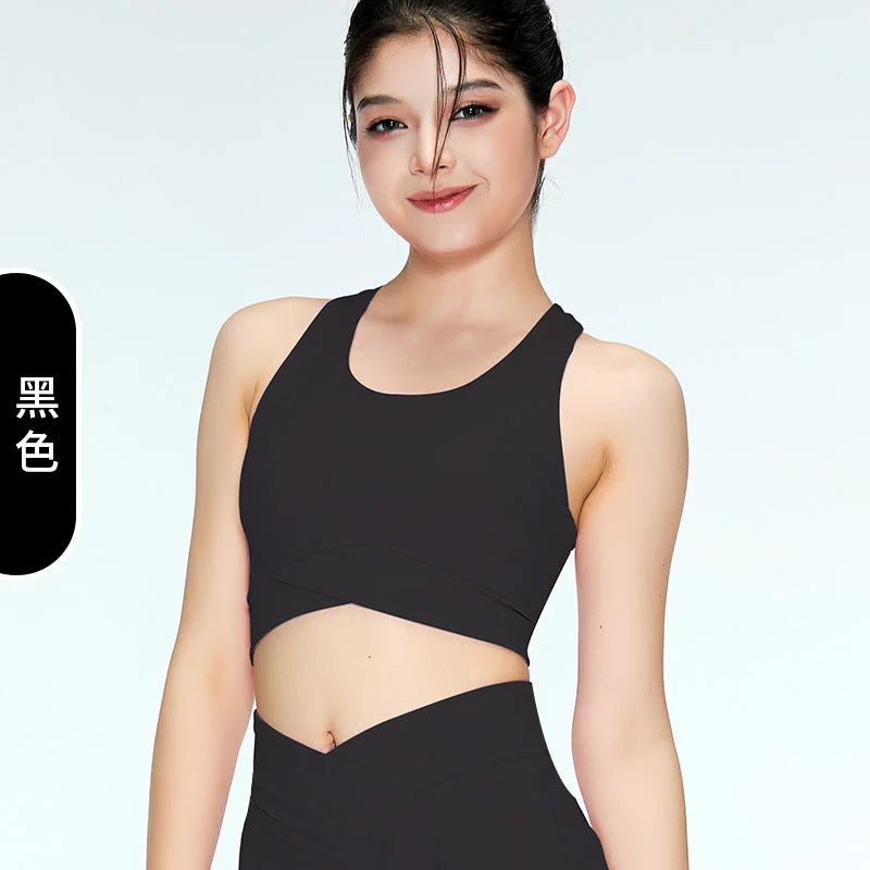 Cross-Waist High Support Yoga Sports Bra Removable Cups U-Neck Workout Lingerie