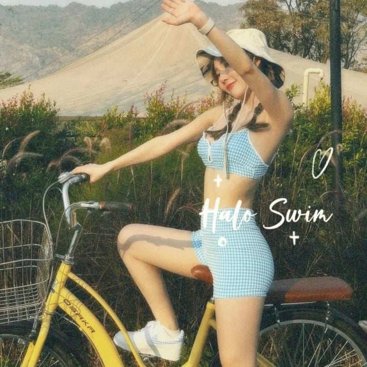 cute blue grid two-piece bikini for summer beach holidays