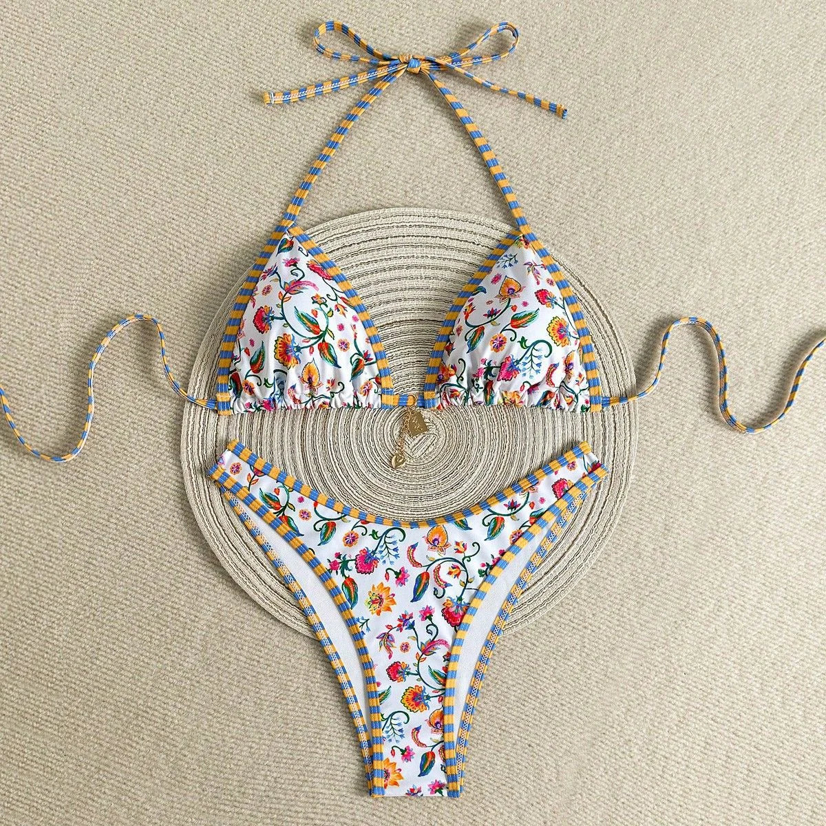 Triangle Bikini Set - Floral Print High-Cut Swimsuit